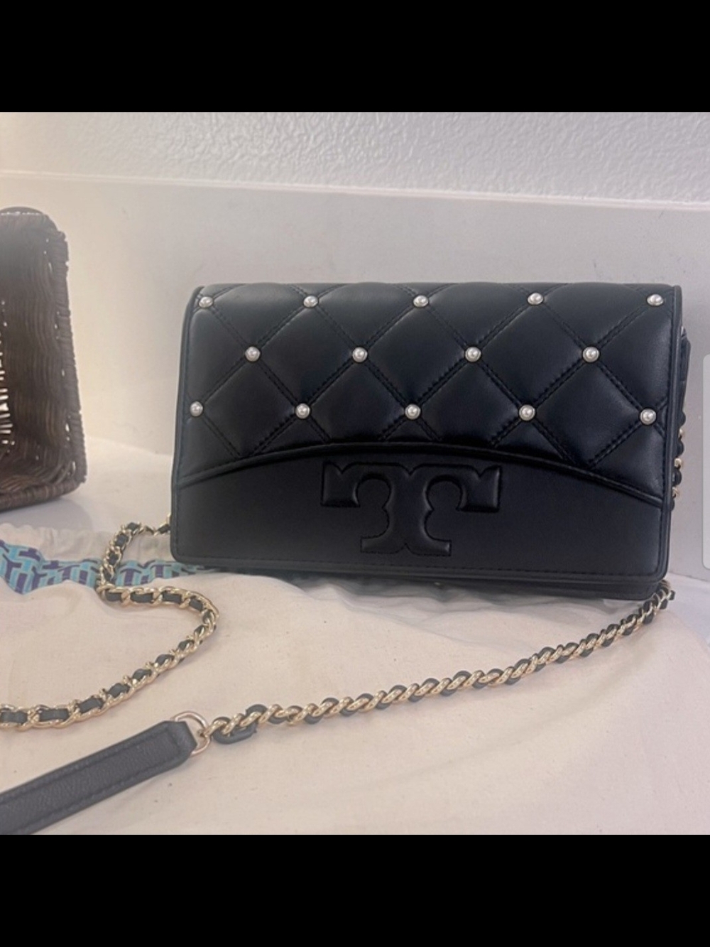 Tory Burch Black Quilted Pearl-Stud Crossbody with Chain Strap